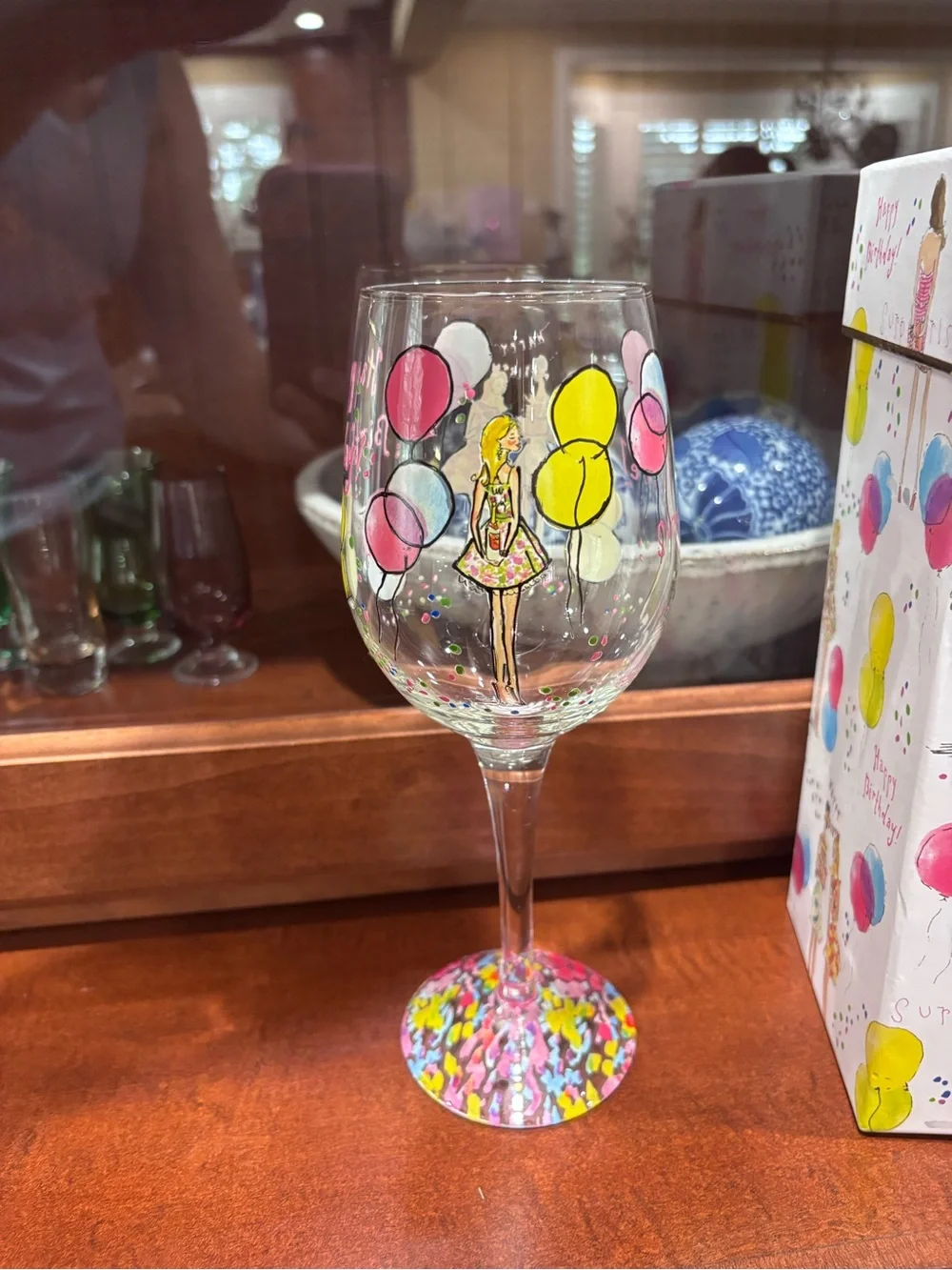 Lilly Pulitzer Pink, Yellow & Blue Hand-Painted Birthday Wine Glass